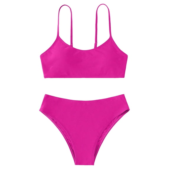 Wolcakyue Girls Swimsuits 2 Piece Solid Spaghetti Strap Bikini Sets Sports Beach Bathing Suit for Teen Girls Swimming Suit,Hot Pink 8-9 Years