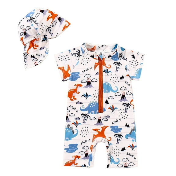 Wolcakyue Swimsuit for Boys Toddler Baby Boy Short Sleeve Swimsuit Rash Guard One Piece Swimwear Set Shark Print Zipper Bathing Suit with Hat Summer Beach Swim Suit,Light Blue 12-18 Months