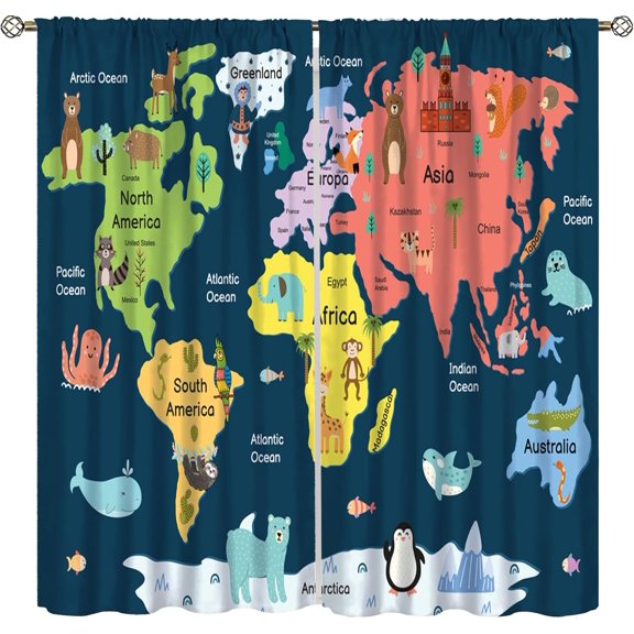 Wold Map Curtains Colorful Cartoon Map with Animals Giraffe Lion Monkey Elephant Tiger Bear Fox Funny Education Learning for Nursery Children Rod Pocket Drapes for Kids Room 26x84in,2 Panel Set