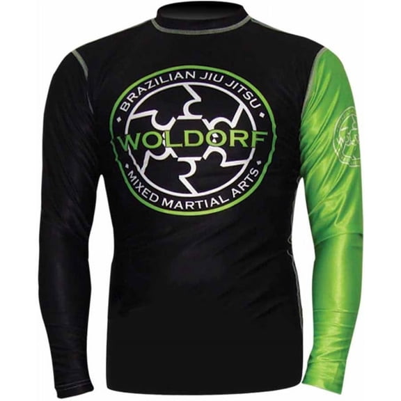 Woldorf Rash Guards in Sublimation with Green Sleeve Sparring Fitness Rash Guards Sports Wear Grappling, Kickboxing Rash Guards, Fighting, Muay Thai Training Rash Guards