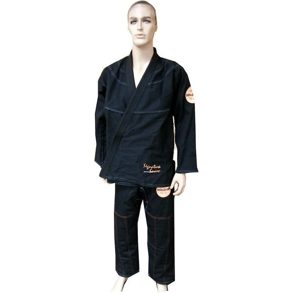 Woldorf USA Brazilian Jiu Jitsu Kimono Pearl Weave Gi Competition Uniform Black Orange with Rip Stop Pants Size 7 A5 Pre-Shrunk, Ultra Light Weight Uniforms