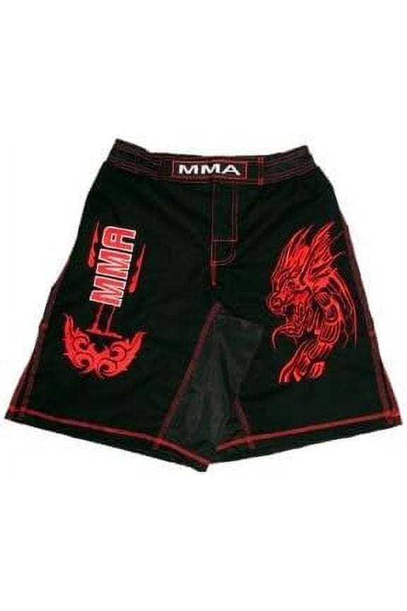 MMA Board Shorts in Rib Stop Cotton with Red Embroidery Size L Martial Arts Fitness Gym Equipment Grappling Shorts, Kickboxing Shorts, Fighting Shorts