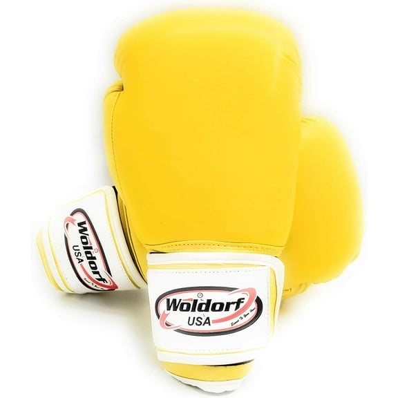 Woldorf USA Men and Women Leather Boxing Bag Gloves - Perfect for Punching Heavy Bag, Sparring, Cardio Kickboxing Gloves, and Best for Muay Thai Training - Vinyl 12oz Yellow