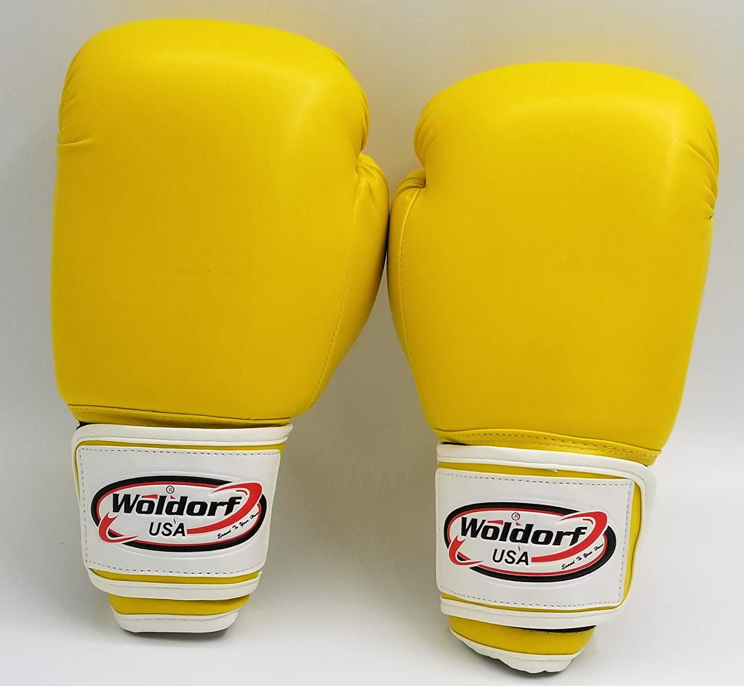 Woldorf USA Men and Women Leather Boxing Bag Gloves - Perfect for Punching Heavy Bag, Sparring, Cardio Kickboxing Gloves, and Best for Muay Thai Training - Vinyl 16oz Yellow