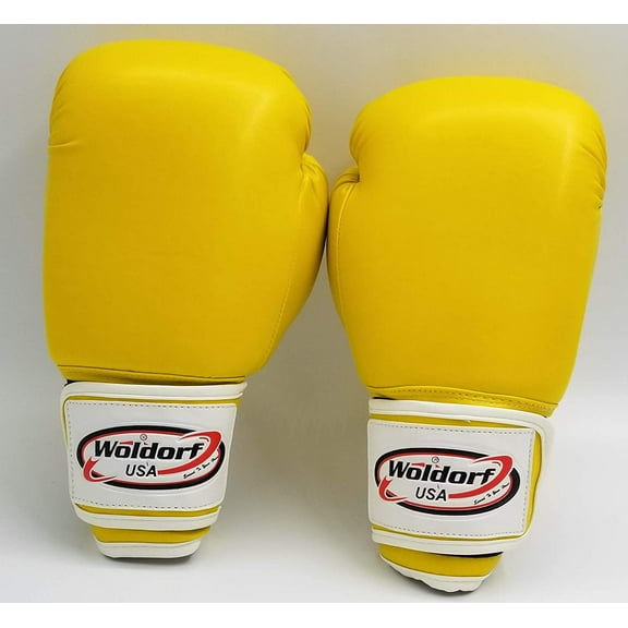 Woldorf USA Men and Women Leather Boxing Bag Gloves - Perfect for Punching Heavy Bag, Sparring, Cardio Kickboxing Gloves, and Best for Muay Thai Training - Vinyl 16oz Yellow