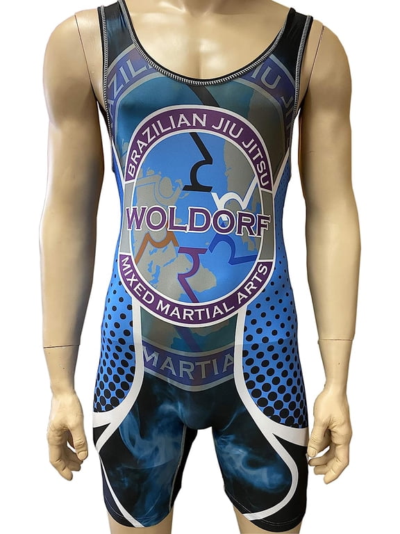 Sublimated Woldorf Wrestling Singlet (L) in Black/Blue Fighting Uniform, Training Uniforms, Pre-Shrunk, Ultra Light Weight Uniforms Soft Fabric Singlet