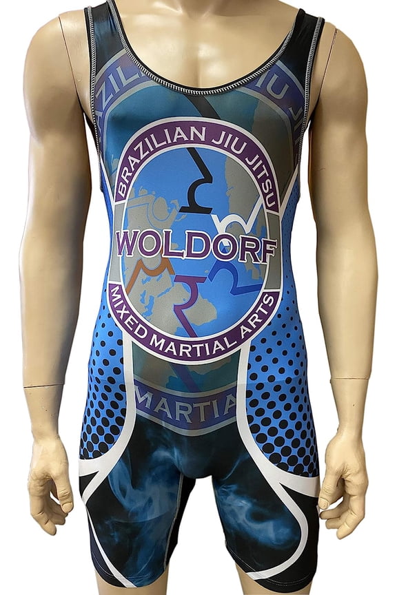 Sublimated Woldorf Wrestling Singlet (L) in Black/Blue Fighting Uniform, Training Uniforms, Pre-Shrunk, Ultra Light Weight Uniforms Soft Fabric Singlet