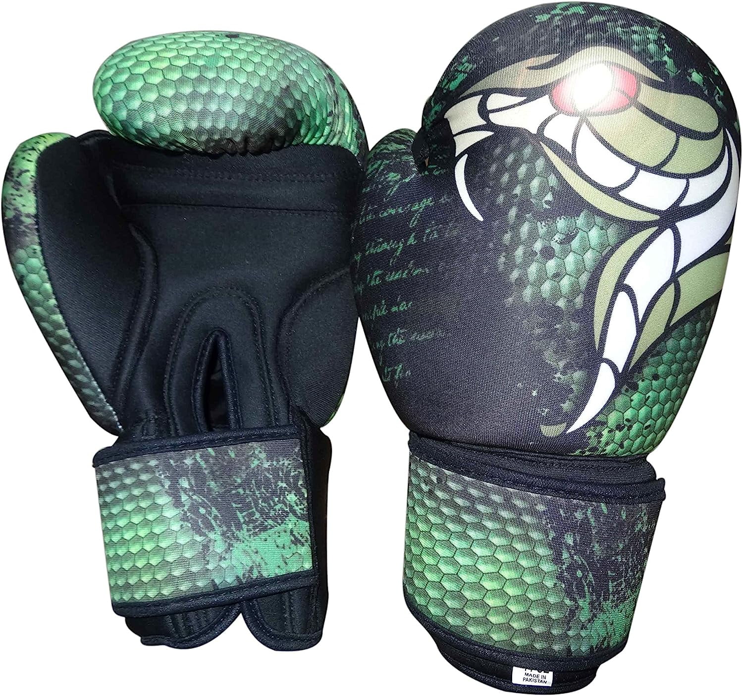 Woldorf USA Washable Boxing Bag Gloves with Imprint Green Snake 14oz Grappling, Kickboxing, Fighting Gloves, Muay Thai Training Gloves, Heavy Bag Speed Punching Gloves.