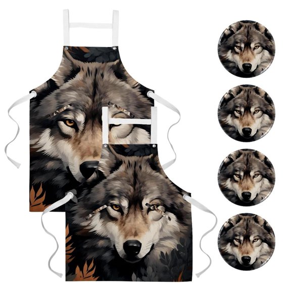 Wolf 2 Pack Waterproof Button Pin with Pockets and Badge Set Server Waitress Apron