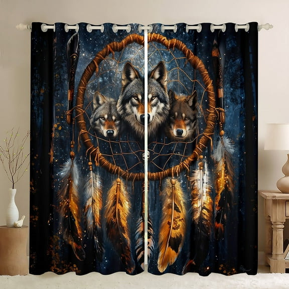 Wolf 30%-50% Blackout Curtains Dream Catchers Curtains & Drapes,Bohemian Style Feather 38"Wx45"L 2 Panels Curtains Men Extoic Tribal Animals Window Treatments