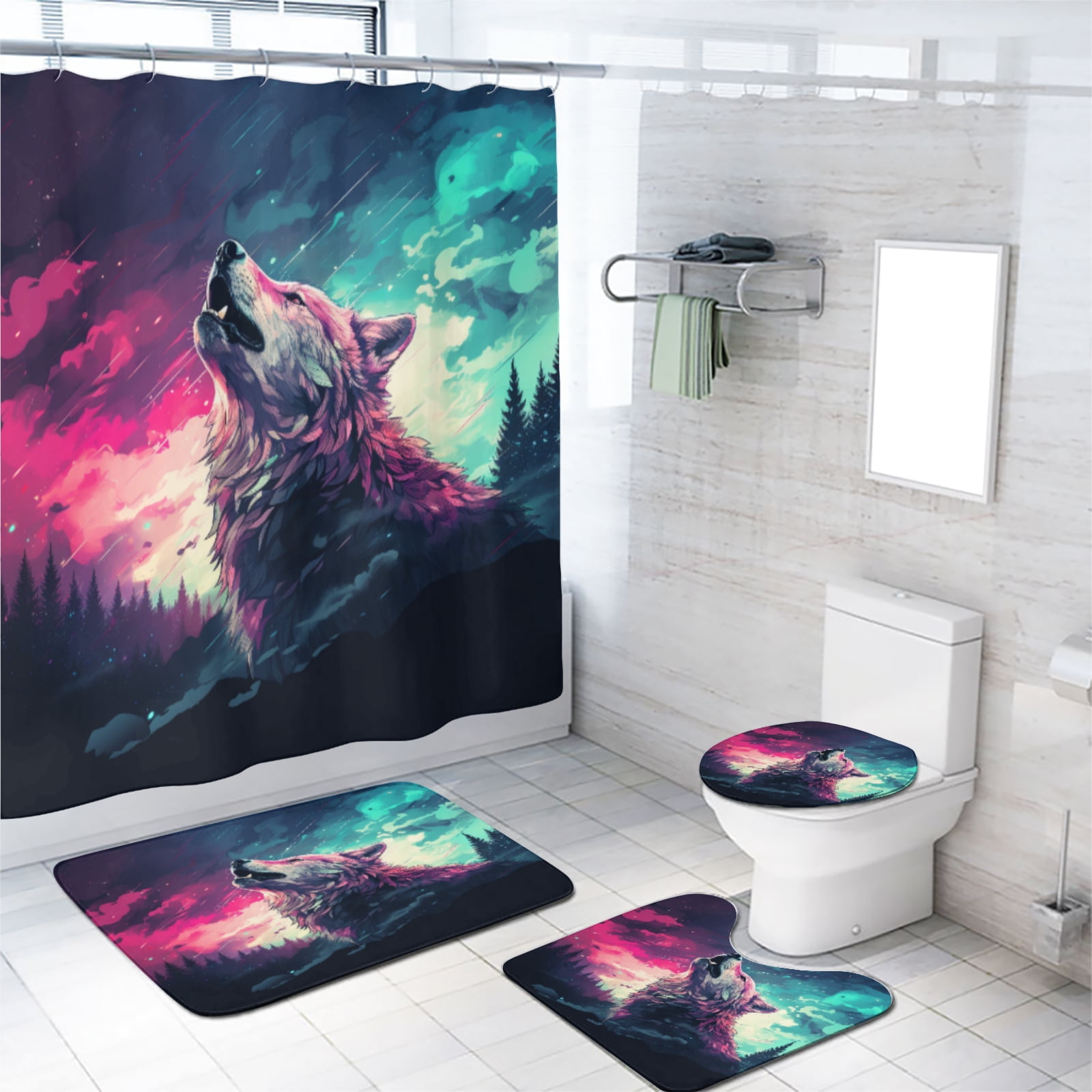 Wolf 4 Pcs Shower Curtain Set Wild Animals Galaxy Starry Forest Night Sky Waterproof Fabric Cloth Bath Curtain, Non-Slip Bathroom Rugs Bath Mats, 72x72 Inch
