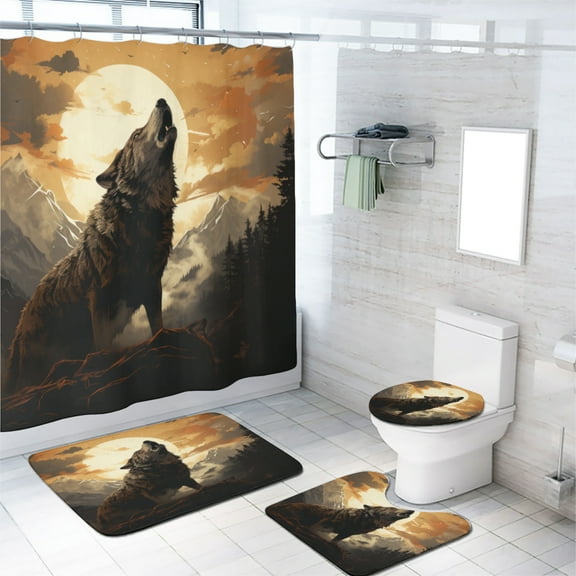 Wolf 4 Pcs Shower Curtain Set Wildlife Animal Howling Mountain Full Moon Night with Toilet Lid Cover and Bath Mat, Waterproof Shower Curtain with 12 Hooks, 72x72 Inch