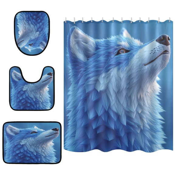Wolf 4 Piece Bathroom Set Waterproof Bath Curtain Anti-Slip Mats and Toilet Pad Practical and Affordable 66x72in Curtain