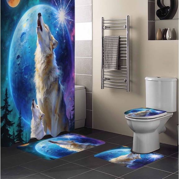 Wolf 4PCS Shower Curtains Set with Toilet Lid Cover Non-Slip Rugs, Watercolor Roaring Wolf Fantasy Universe Planet Forest Tree Waterproof Shower Curtain Set for Bathroom with 9 Hooks 36x72 In
