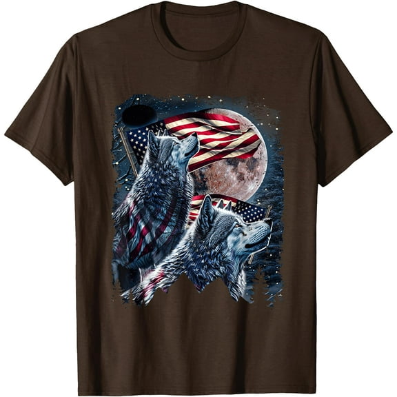 Wolf 4th of July American Flag Howling Wolves Under Moon Unisex T-Shirt for Men Women Kids Toddler,Dark Chocolate Color,Size 5XL