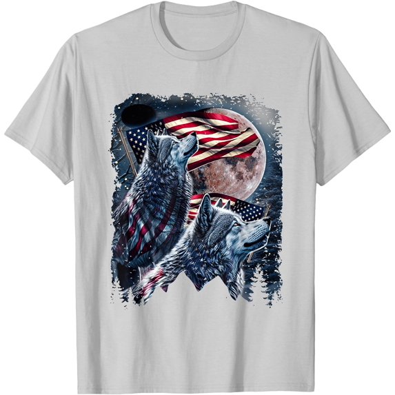 Wolf 4th of July American Flag Howling Wolves Under Moon Unisex T-Shirt for Men Women Kids Toddler,Ice Grey Color,Size 2XL