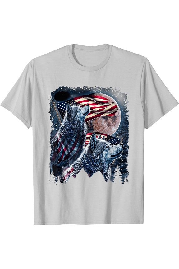 Wolf 4th of July American Flag Howling Wolves Under Moon Unisex T-Shirt for Men Women Kids Toddler,Ice Grey Color,Size 4XL