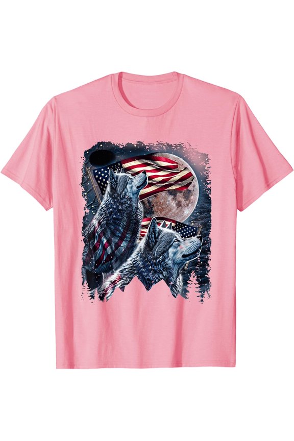 Wolf 4th of July American Flag Howling Wolves Under Moon Unisex T-Shirt for Men Women Kids Toddler,Light Pink Color,Size YL