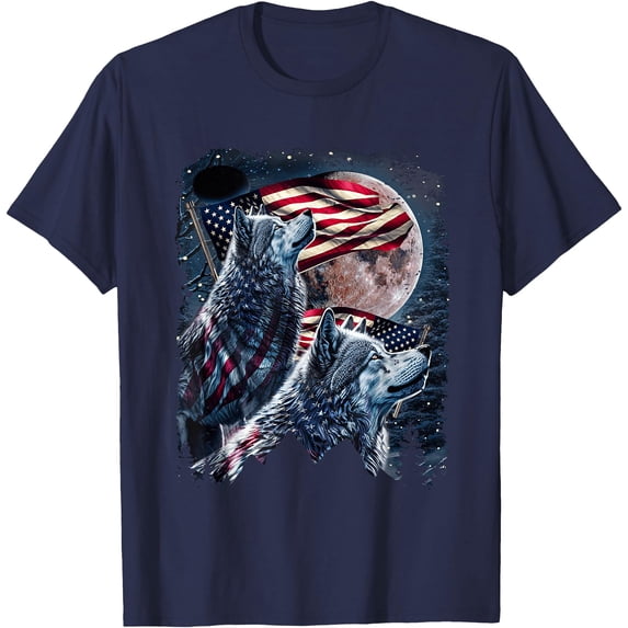 Wolf 4th of July American Flag Howling Wolves Under Moon Unisex T-Shirt for Men Women Kids Toddler,Navy Color,Size 5XL