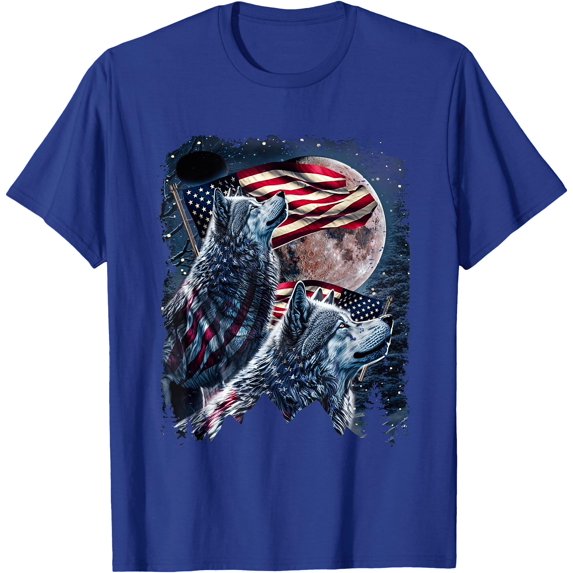 Wolf 4th of July American Flag Howling Wolves Under Moon Unisex T-Shirt for Men Women Kids Toddler