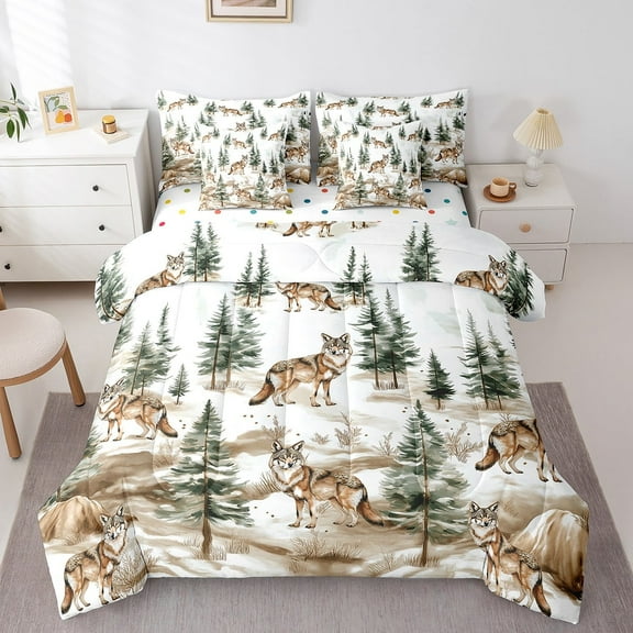 Wolf 7 Piece Comforter Set Twin,Woodland Animals Farmhouse Bed in a Bag with Flat Sheet and Fitted Sheet,Jungle Hunting Theme Bedding Set with Pillowcase and Sham
