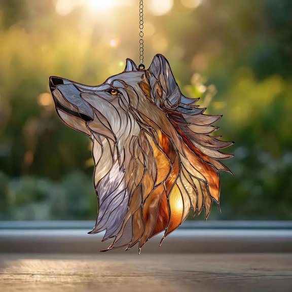 Wolf Acrylic Suncatcher, Faux Stained Glass Wolf Head Decor, Woodland Window Hanging, Rustic Nature Gift