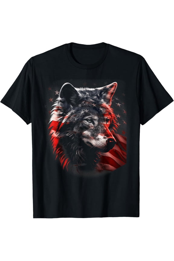 American Flag USA Patriotic Wolf Lover T-Shirt Tops Tee