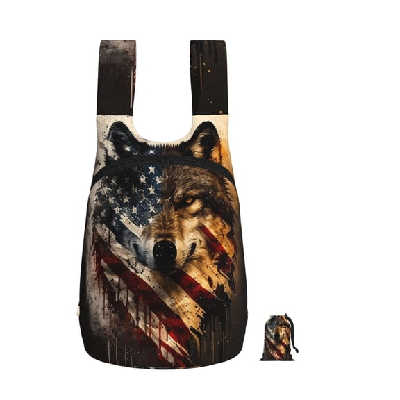 Wolf American USA Flag Foldable Storage Backpack Lightweight Packable Travel Daypack for Shopping Commuting Hiking