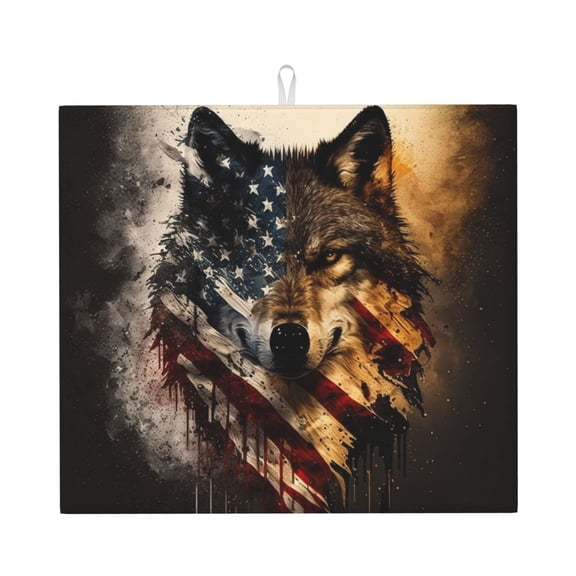 Wolf American USA Flag Kitchen Drying Mat 18x16 Inch Ultra Absorbent Countertop Mat Foldable with Hanging Loop
