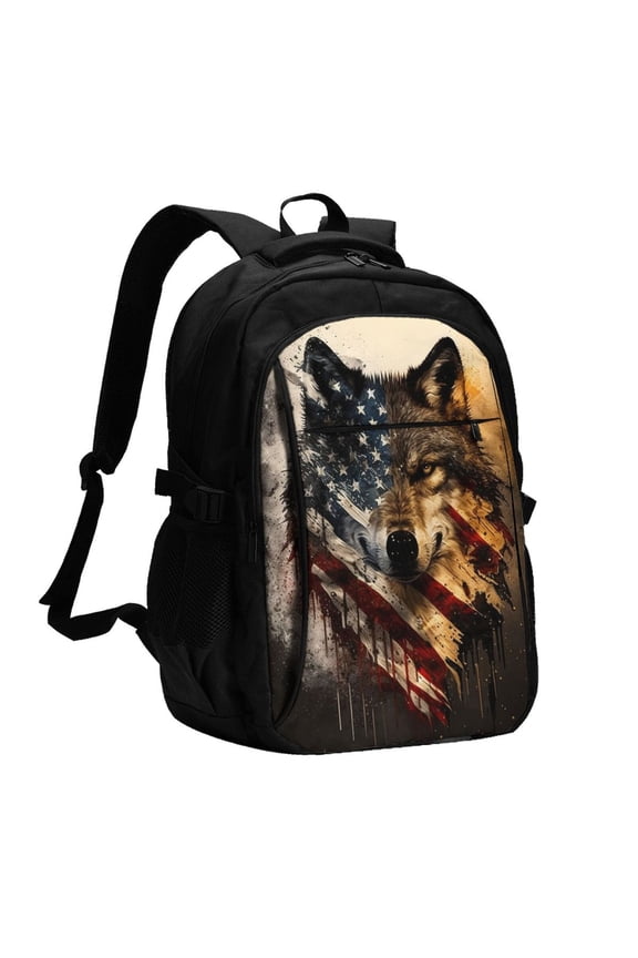 Wolf American USA Flag Laptop Backpack with USB Charging Headphone Port Casual Daypack Bag College Business Travel