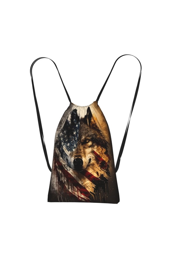 Wolf American USA Flag Packable Drawstring Backpack, Lightweight Foldable Cinch Storage Bag for Gym Travel Shopping