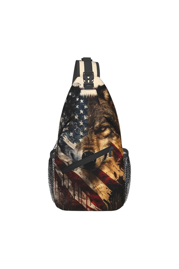 Wolf American USA Flag Sling Backpack Shoulder Chest Crossbody Bag Causal Travel Hiking Daypack