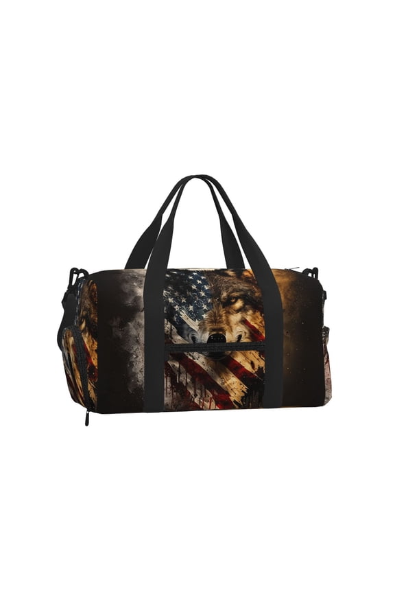 Wolf American USA Flag Sports Duffel Bag with Shoe Compartment Travel Crossbody Bag for Gym Yoga Dance
