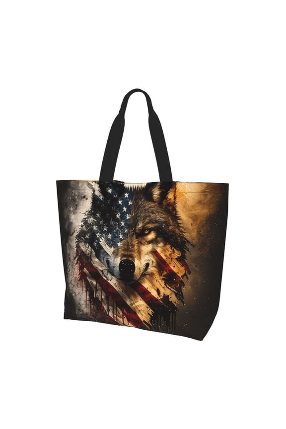 Wolf American USA Flag Women Reusable Bag Large Shoulder Handbag Top Handle Purse Tote