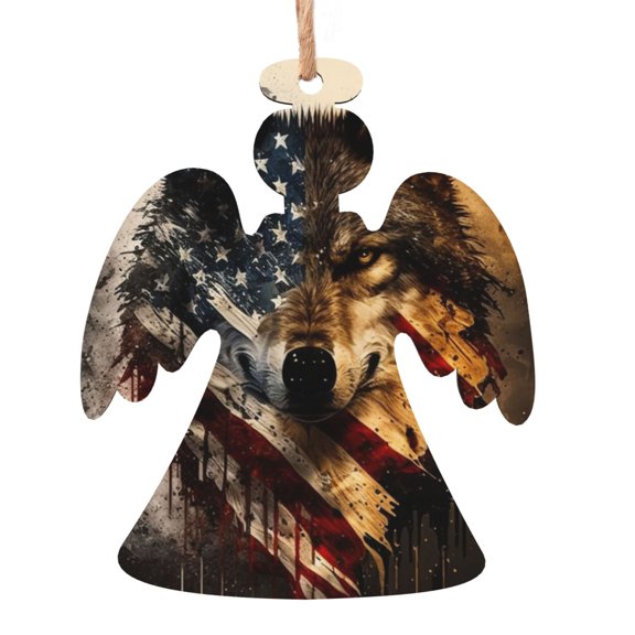 Wolf American USA Flag Wooden Christmas Ornament Angel Shape,Xmas Tree Hanging Decoration 6 PCS