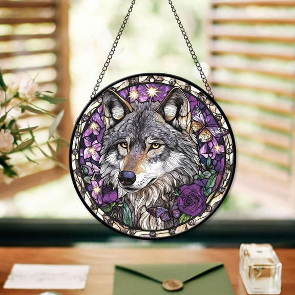 Wolf And Flower Faux Stained Glass Suncatcher, Wolf Art Gifts, Wolf Window Hangings, Wolf Decor, Wolf Lover Gifts, Birthday Gifts For Women