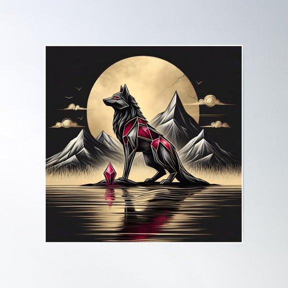 Wolf And Gold Moon, Ai Generated Art Poster Wall Art, Modern Wall Decor, 16x16 UNFRAMED