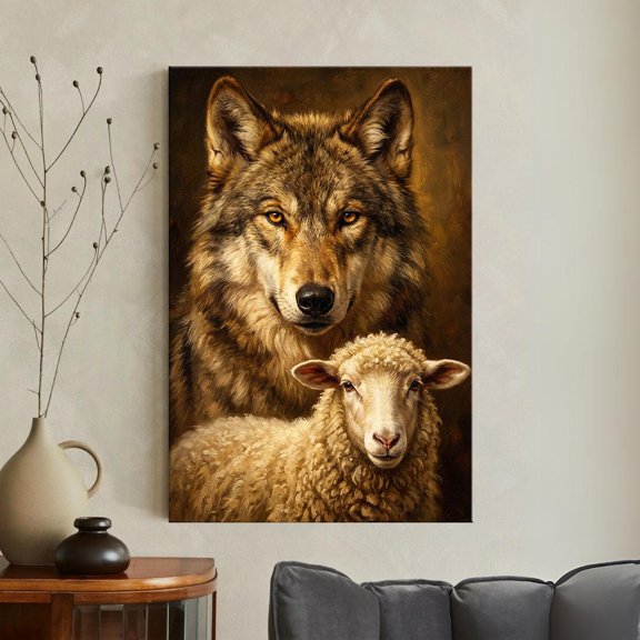 Wolf And Lamb Print Biblical Wall Art Peaceful Wildlife Rustic Farmhouse Decor Christian Symbolism Nature Animal, Unframed Canvas 8x10in
