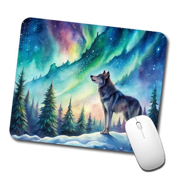 Wolf And Northern Lights Watercolor Mouse Pad Low Profile Gaming Mat