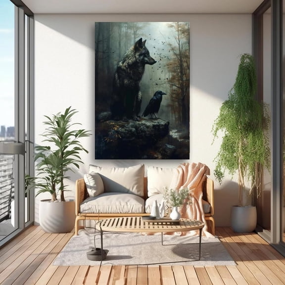 Wolf And Raven Dark Gothic Fantasy Forest Wildlife Wall Art Print, Nature Inspired Living Room Decor