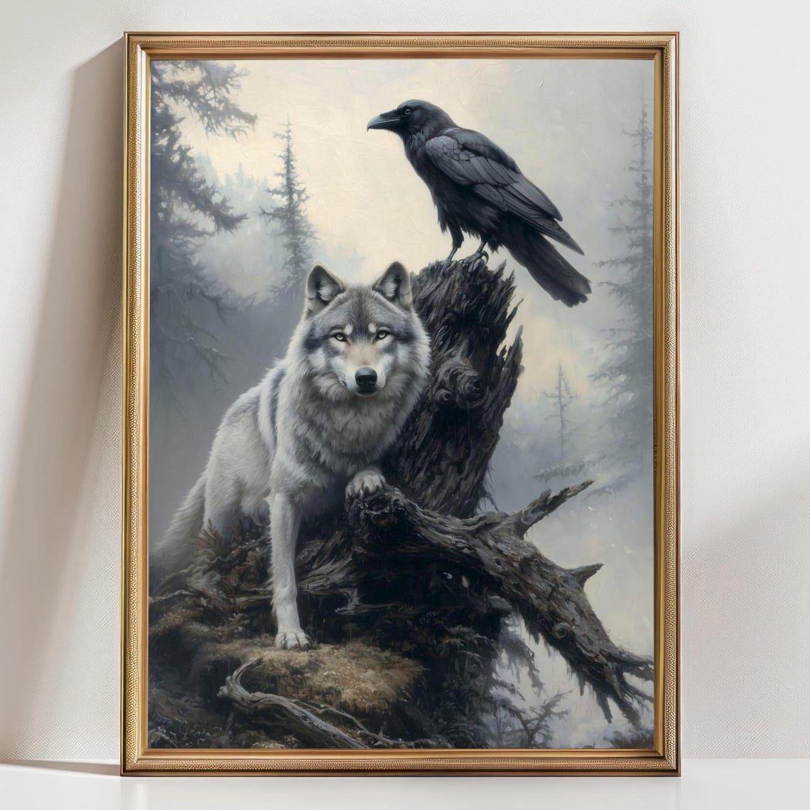 Wolf And Raven Wall Art Print, Mystical Forest Animal, Dark Nature ...