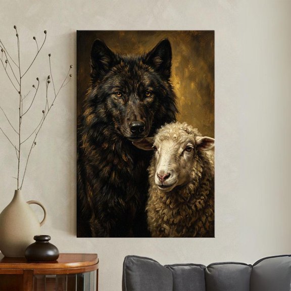 Wolf And Sheep Print Dark Academia Wall Art Moody Wildlife Biblical Symbolism, Unframed Canvas 12x16in