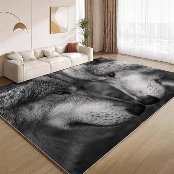 Wolf Animal Area Rugs, Black White Wildlife Scenery Pattern Carpet, Washable Non Slip Low Pile Soft Rug for Living Room Bedroom Office Decor Mat 5ftx8ft