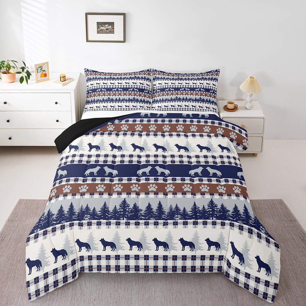 Buffalo Plaid Comforter Set Queen - Woodland Bear Moose Design, Microfiber, 90x90 Inches With 2 Pillowcases - View #4