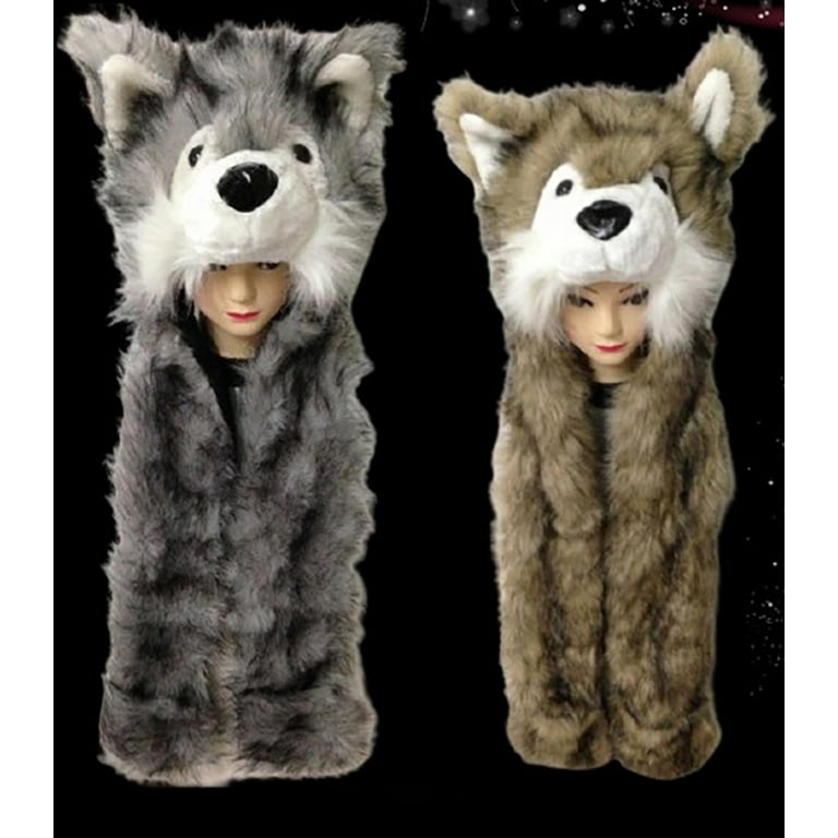 Wolf Animal Hat Winter Full Hood Husky Hoodie Mittens Earmuff