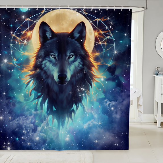 Wolf Animal Printed Fabric Shower Curtain Moon Zodiac Constellation Themed Bathroom Shower Curtain Sets Wild Animal Shower Curtain Glitter Galaxy Printing Bathroom Accessories 72"Wx84"L