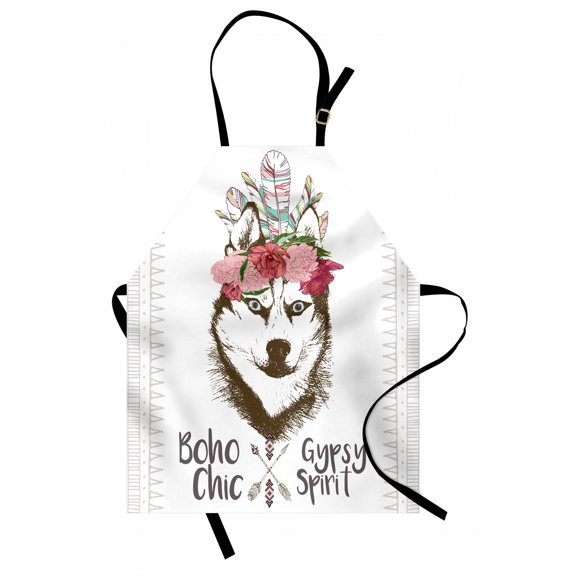 Wolf Apron Aztec Floral Head Portrait of Siberian Husky Dog Tribal Arrow Elements Kitsch Image, Unisex Kitchen Bib Apron with Adjustable Neck for Cooking Baking Gardening, Multicolor, by Ambesonne
