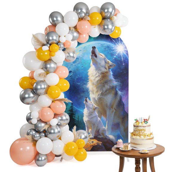Wolf Arch Backdrop Cover 6.6FT Watercolor Roaring Wolf Fantasy Universe Planet Forest Tree Spandex Fitted Arch Covers Stretchy Backdrop Decoration for Wedding Birthday Graduation Party