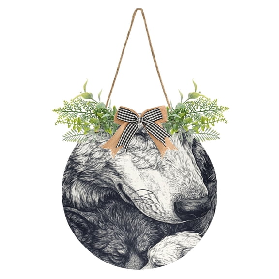Wolf Are Sleeping Front Door Porch Decoration Hanging Sign with Artificial Green Plants and Bow for Home Outdoor Indoor