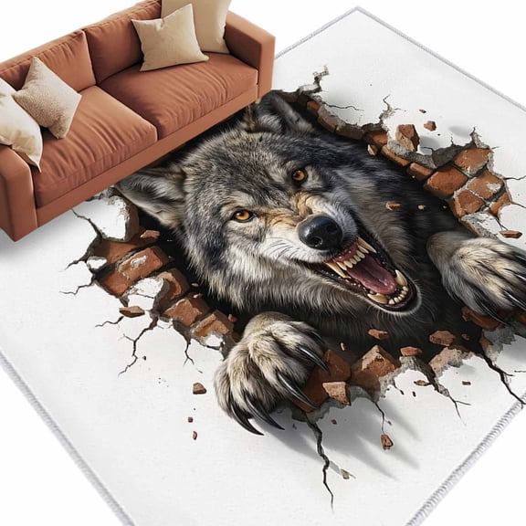 Wolf Area Rug 5x7 Washable Rug Non Slip Animal Broken Wall Dynamic Angry Expression Large Area Rug Soft Stainresistant Indoor Floor Carpet for Living Room Bedroom Home Office Dining Room Nursery